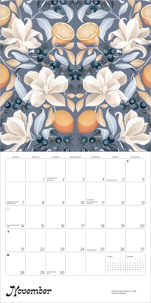 Calendar with floral and fruit design, featuring oranges and blueberries on a gray background.