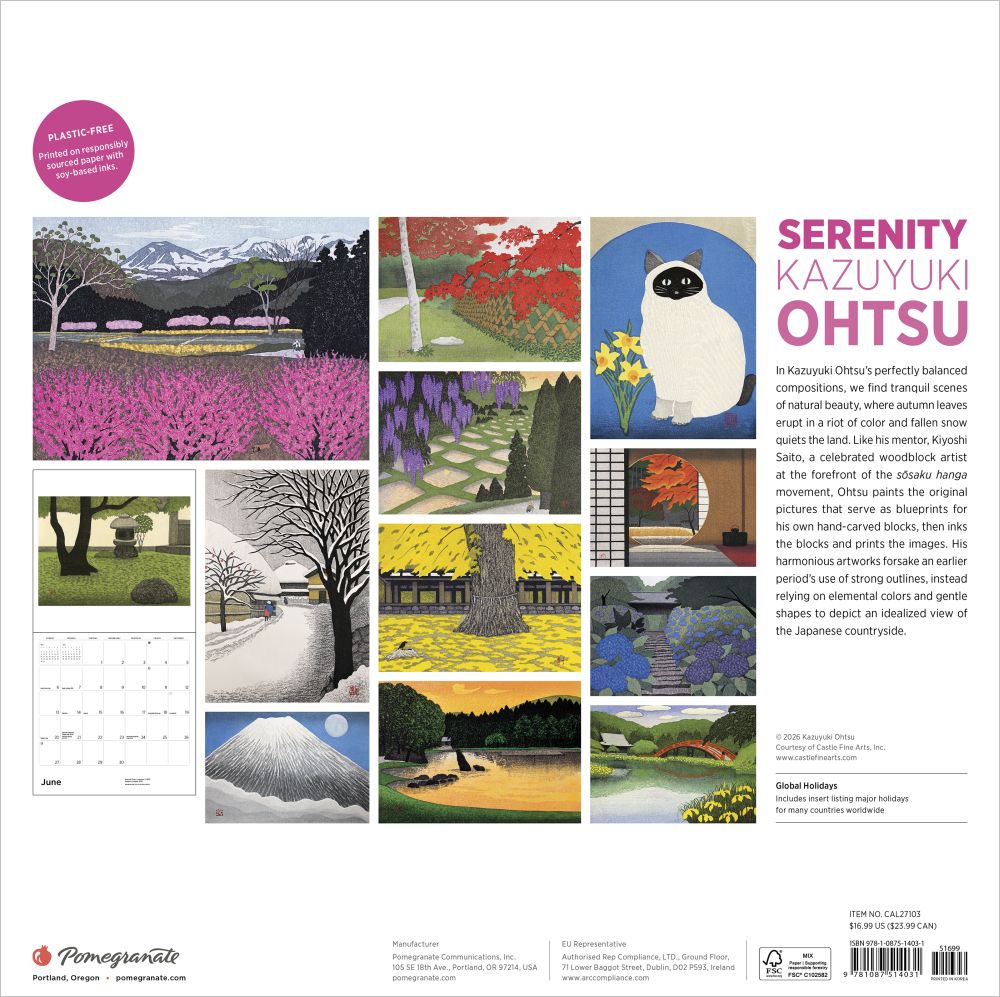 Calendar with illustrations of nature and a cat, featuring the artist Kazuyuki Ohtsu.