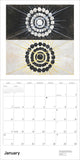 Calendar with abstract design of concentric circles and geometric patterns on a white background.