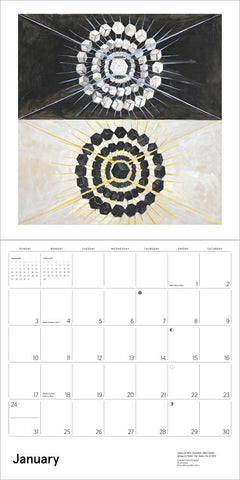 Calendar with abstract design of concentric circles and geometric patterns on a white background.