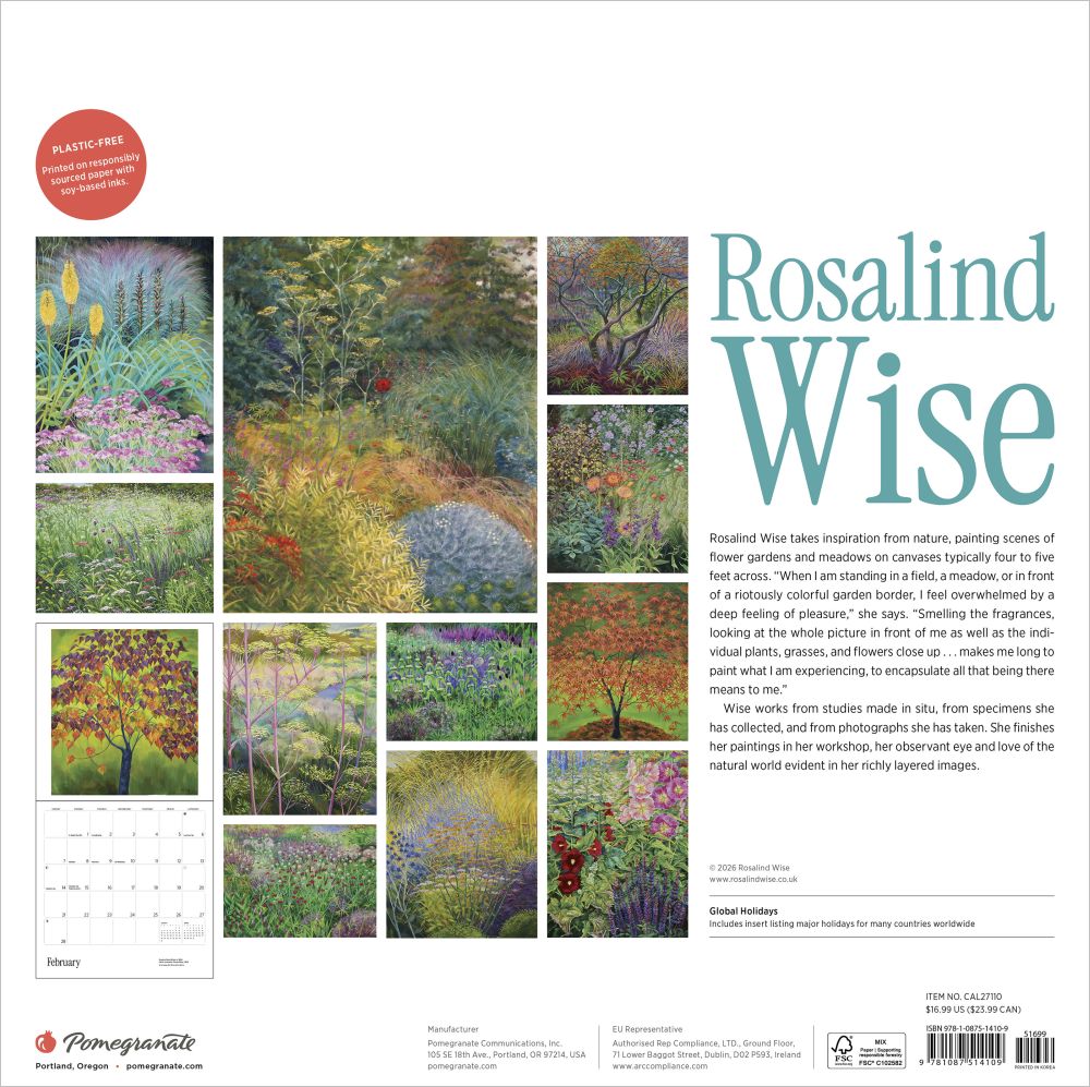 Calendar cover with nature-themed artwork and 'Rosalind Wise' branding