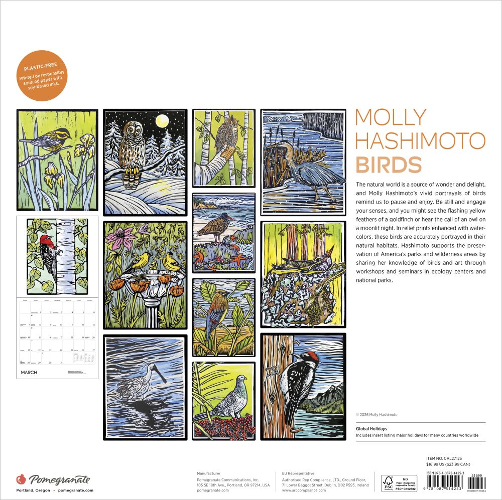 Collage of bird illustrations by Molly Hashimoto on a white background with text and branding.