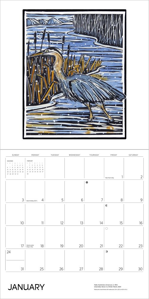 Calendar page with a drawing of a heron in a marsh, featuring the month of January.