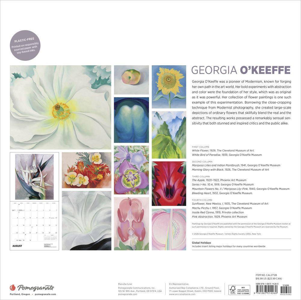 Back cover of a calendar featuring Georgia O'Keeffe's artwork with a white background.