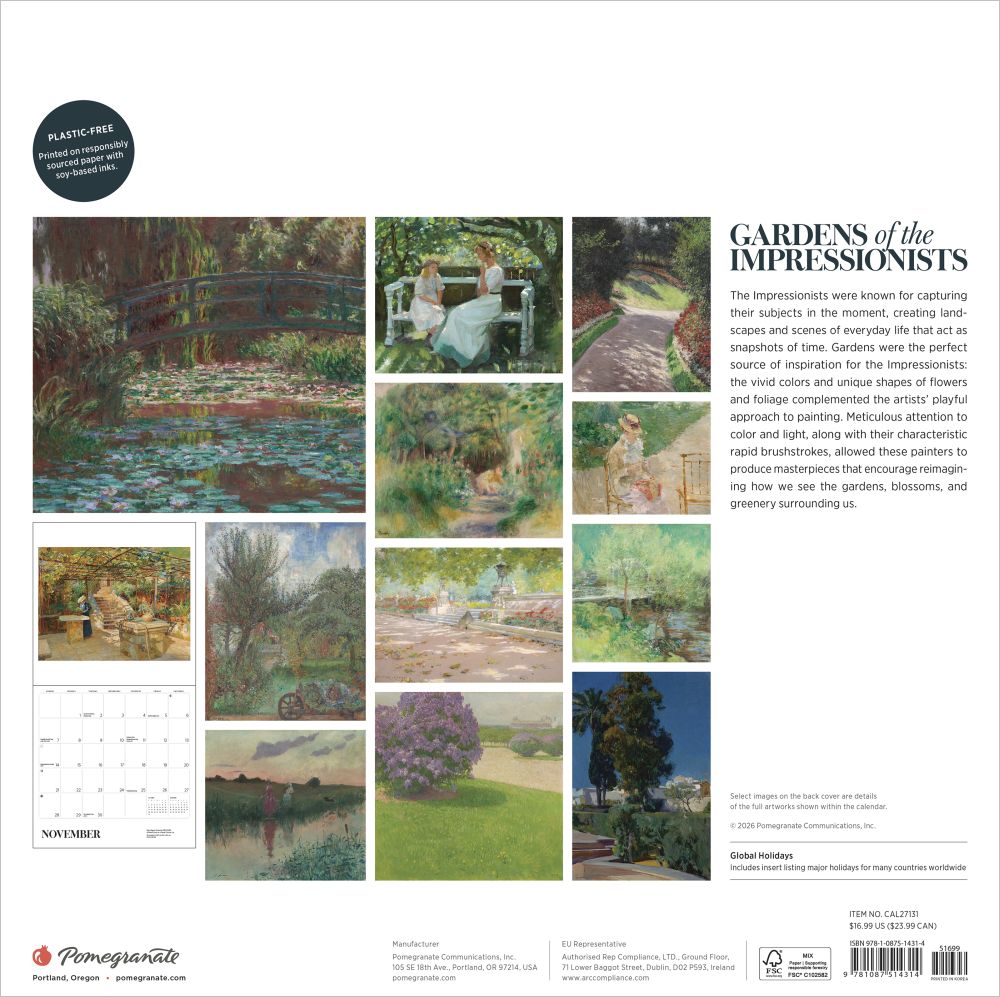 Calendar cover featuring impressionist garden paintings with text about the Impressionists.