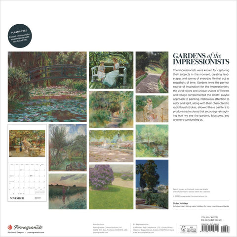 Calendar cover featuring impressionist garden paintings with text about the Impressionists.