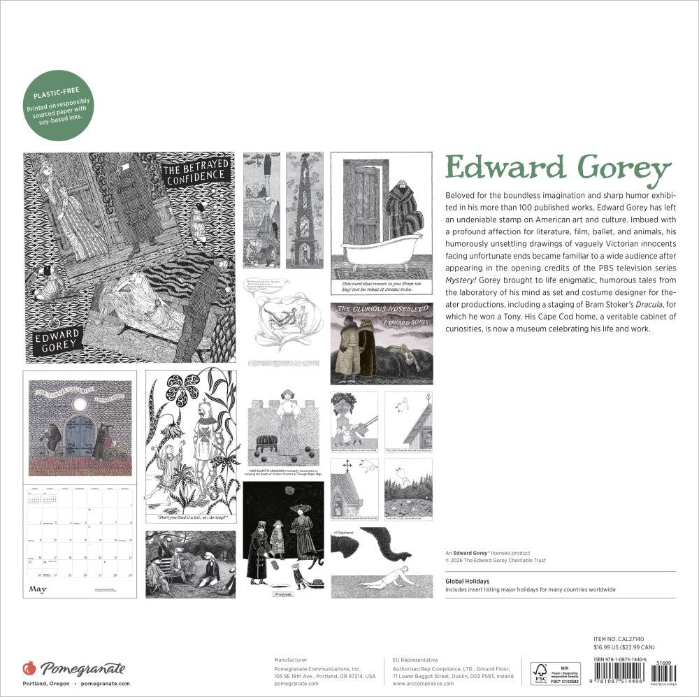 Back cover of a book or product packaging featuring black and white illustrations and text about Edward Gorey.