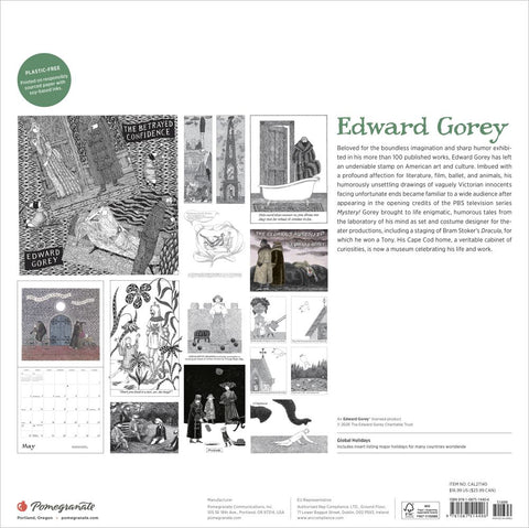 Back cover of a book or product packaging featuring black and white illustrations and text about Edward Gorey.