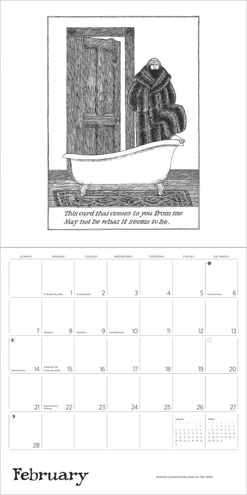 Calendar page for February with a black and white illustration of a person in a bath tub and text.