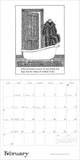 Calendar page for February with a black and white illustration of a person in a bath tub and text.