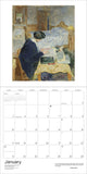 Calendar with a painting of a woman at a desk and a list of days.