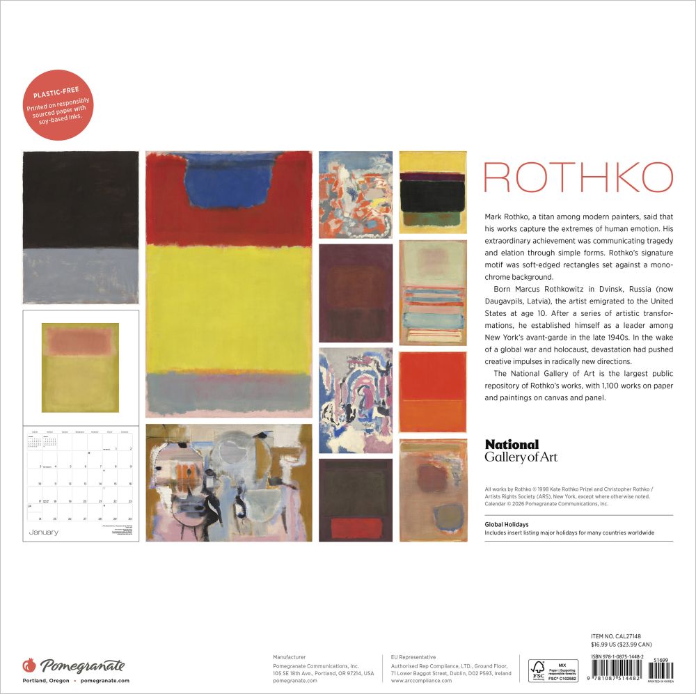 Back cover of a book or magazine featuring abstract art and text about Rothko, with a white background.