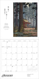 Calendar with a scenic illustration of a temple in a forest, featuring the month of August.