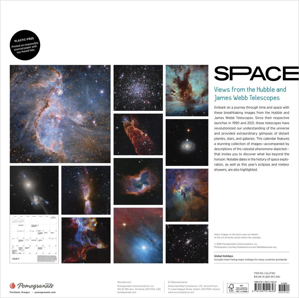 Back cover of calendar featuring images of space and telescopes.