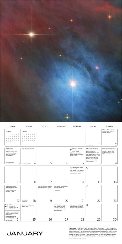 Calendar with a space-themed design featuring stars and nebulae.
