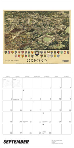 Calendar page for September with an aerial view of Oxford and coat of arms.