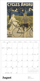 Calendar with vintage-style advertisement for Cycles Andru featuring two people with bicycles.