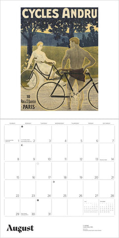 Calendar with vintage-style advertisement for Cycles Andru featuring two people with bicycles.