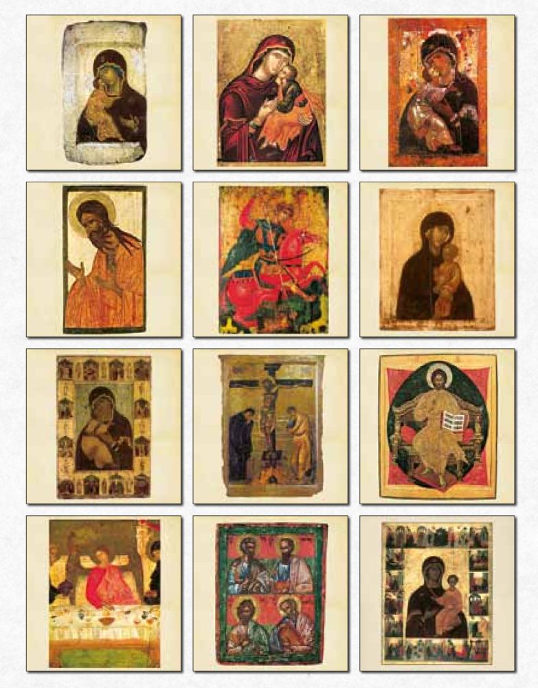 Collection of religious icon paintings on a white background