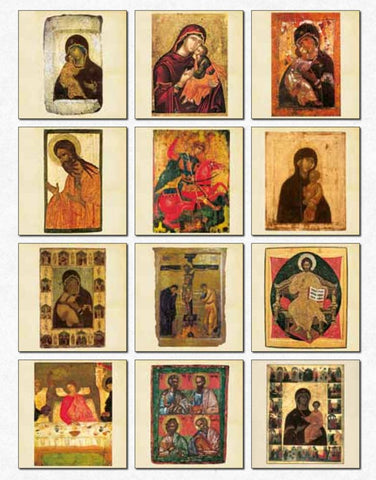 Collection of religious icon paintings on a white background