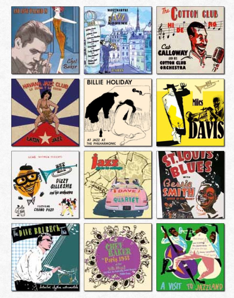 Collection of vintage jazz album covers featuring various artists and styles.