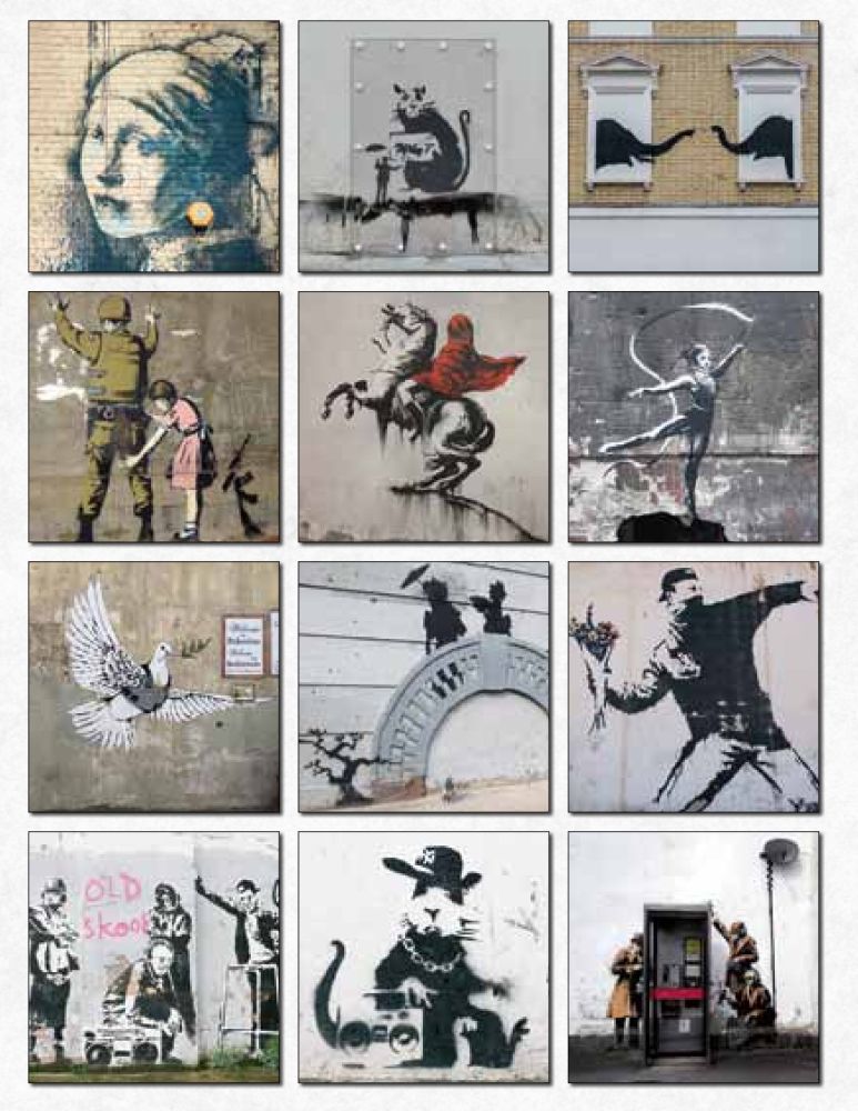 A grid with images for each month of the year from the Banksy Calendar.