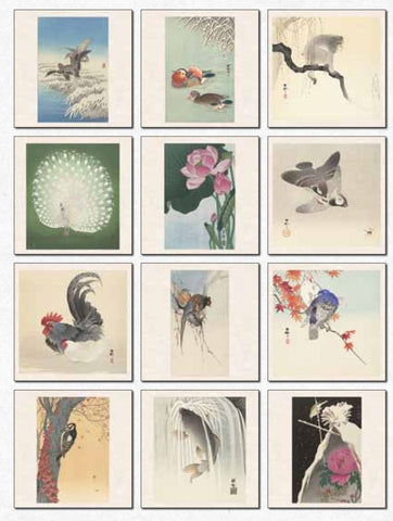 Collection of Japanese woodblock prints featuring various subjects.