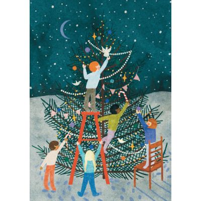 A Christmas tree being decorated by 5 children
