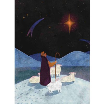 A picture of a shepherd with 4 sheep looking at a star in the sky