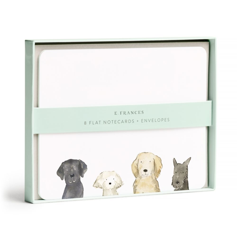 Pack of flat notecards with envelopes featuring illustrations of dogs, branded by E. Frances.