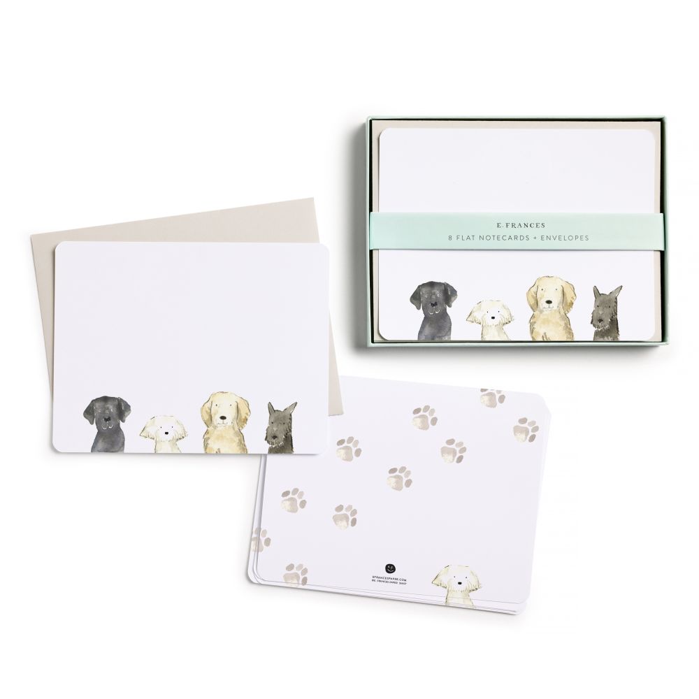 Set of dog-themed notecards with envelopes and a box packaging on a white background
