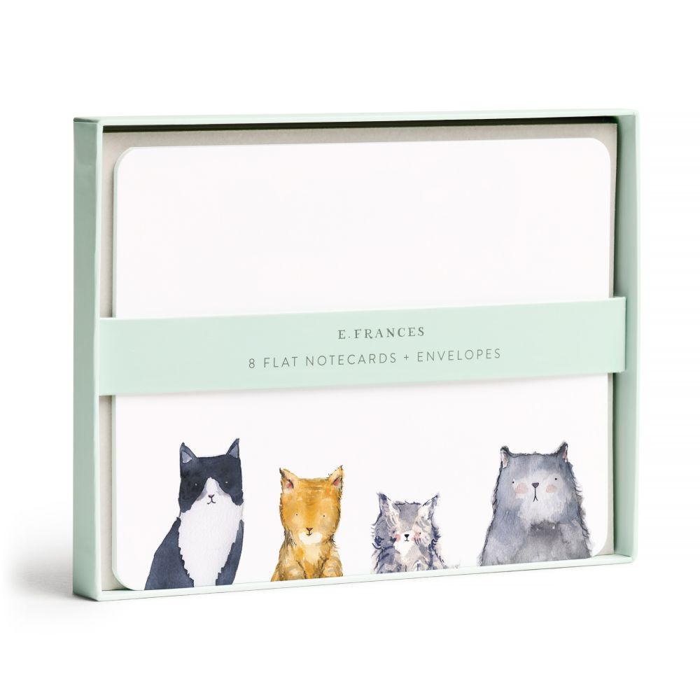 Pack of flat notecards with envelopes featuring illustrations of cats on a light green background.