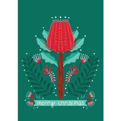 A green card with a red banksia flower and the words merry Christmas