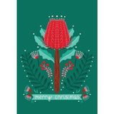 A green card with a red banksia flower and the words merry Christmas