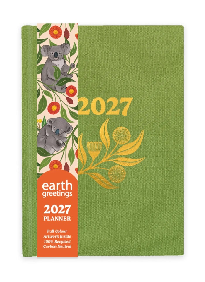 Cover of Earth Greetings 2027 diary with gold embossing.