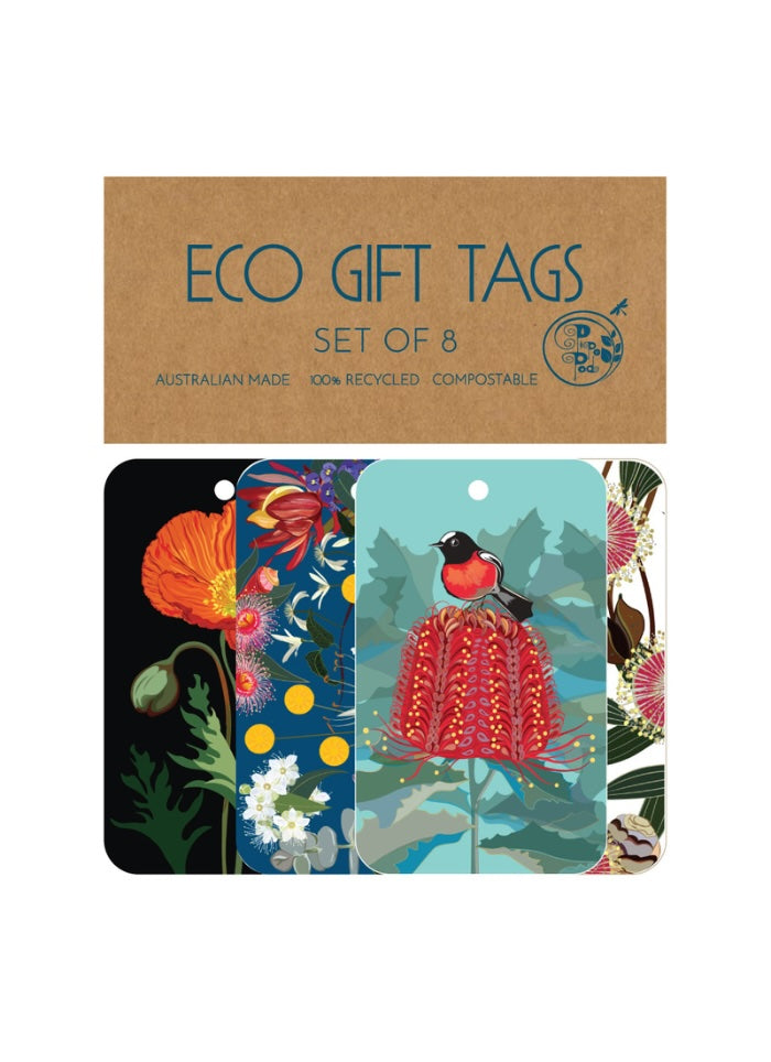 Set of eco gift tags with floral and bird designs on a cardboard backing.
