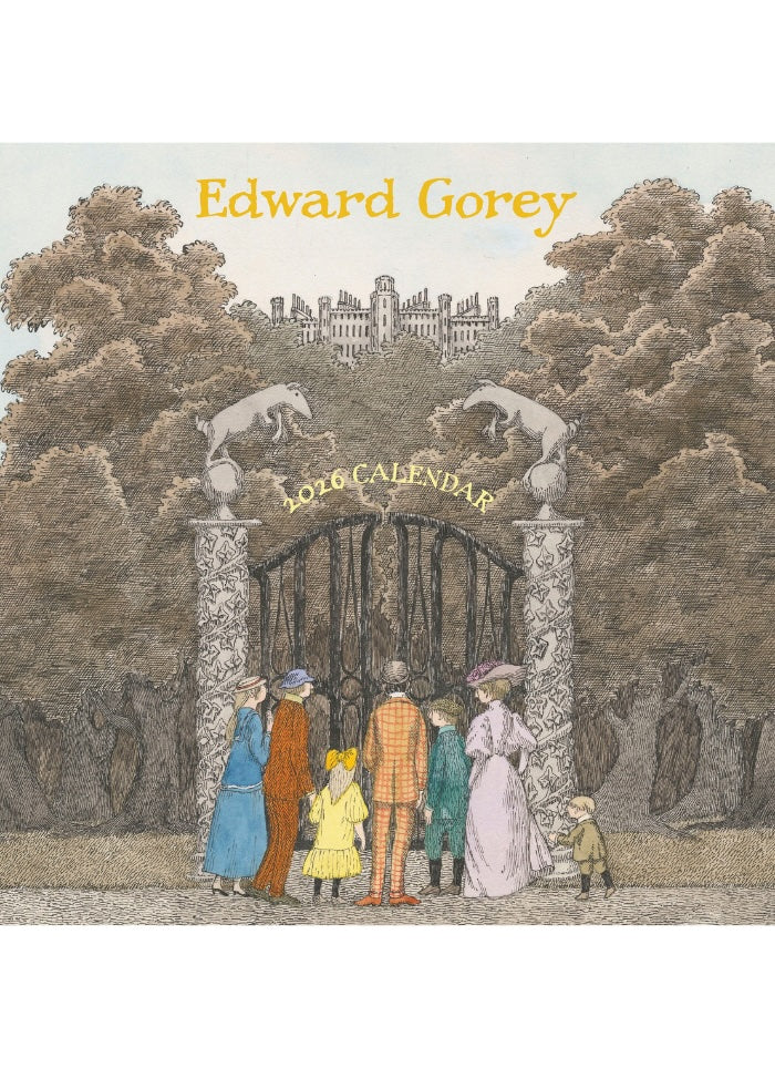 Calendar cover with illustration of a gate and people, featuring the text 'Edward Gorey 2016 Calendar'.