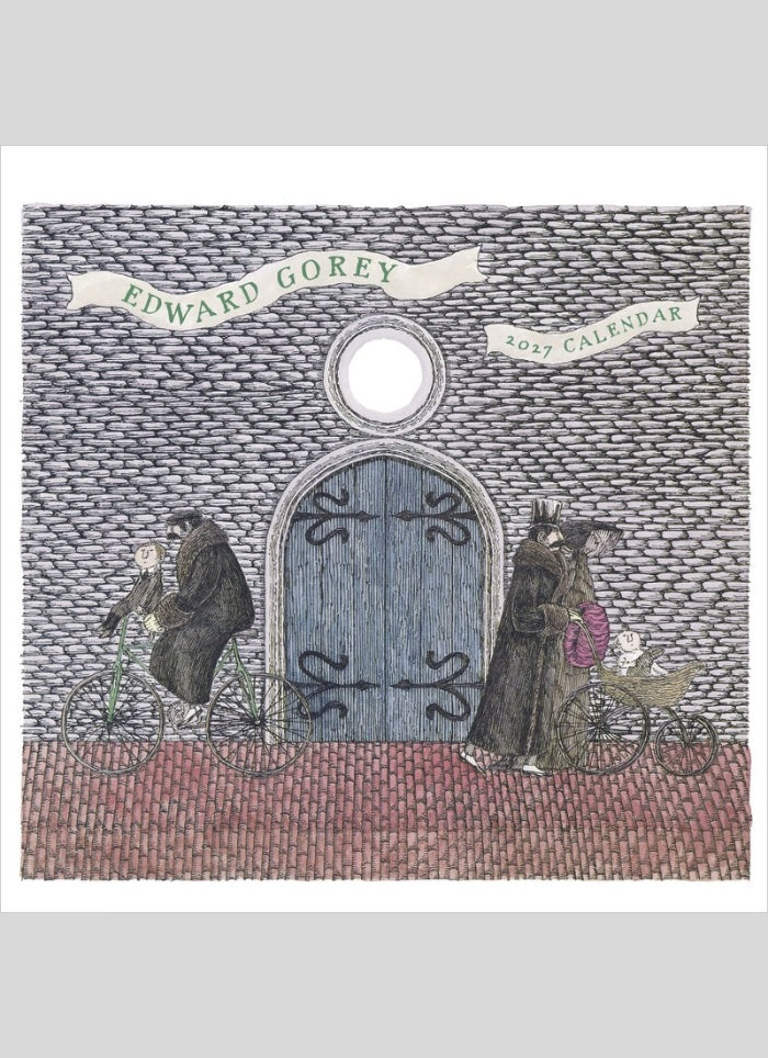 Cover of Edward Gorey 2027 calendar with a door and figures illustration.