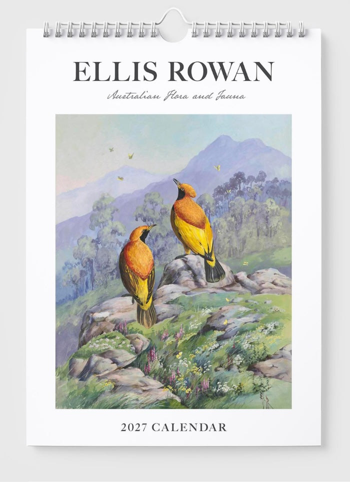 Calendar cover with illustration of two birds on a mountainous landscape, featuring the brand 'Ellis Rowan'.