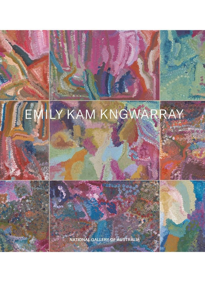 Art book on Emily Kam Kngwarray with squares of colourful Indigenous artwork.