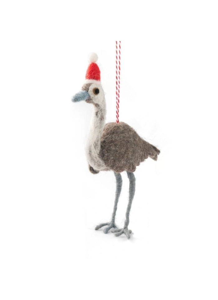 Decorative emu ornament wearing a red Santa hat on a white background