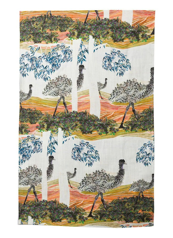 Tea towel with an emu and tree design on a white background