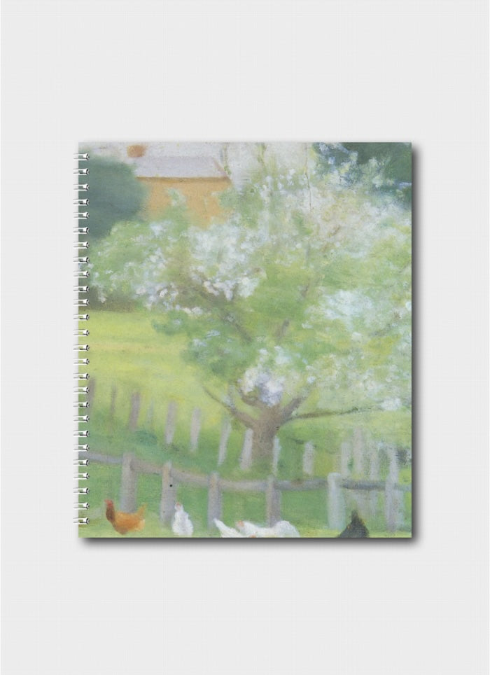 Notebook with a ppainting of a tree in a yard with chickens in mainly greens.
