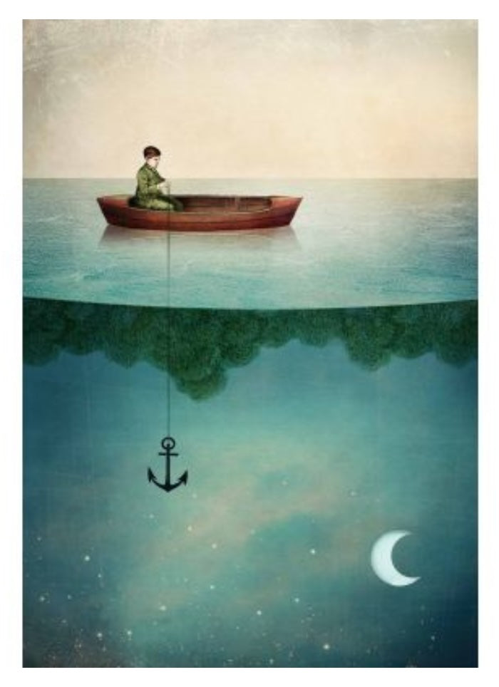 Person in a boat on water with an anchor and moon underwater