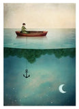 Person in a boat on water with an anchor and moon underwater