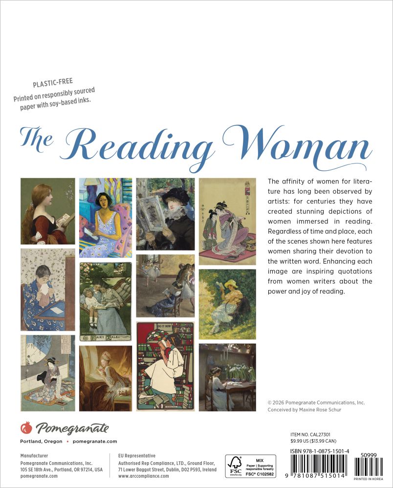 Back cover of a calendar titled 'The Reading Woman' with images of women reading and Pomegranate Communications branding.