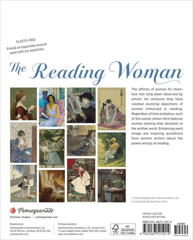 Back cover of a calendar titled 'The Reading Woman' with images of women reading and Pomegranate Communications branding.