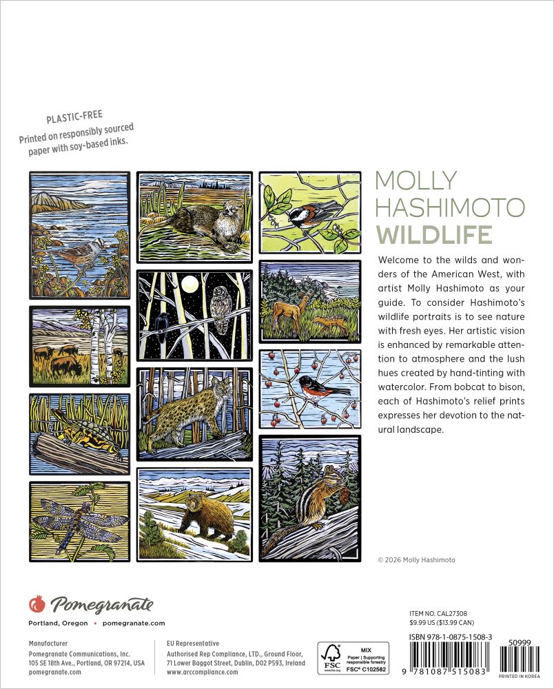 Back cover of a book featuring illustrations of wildlife by Molly Hashimoto with Pomegranate logo.