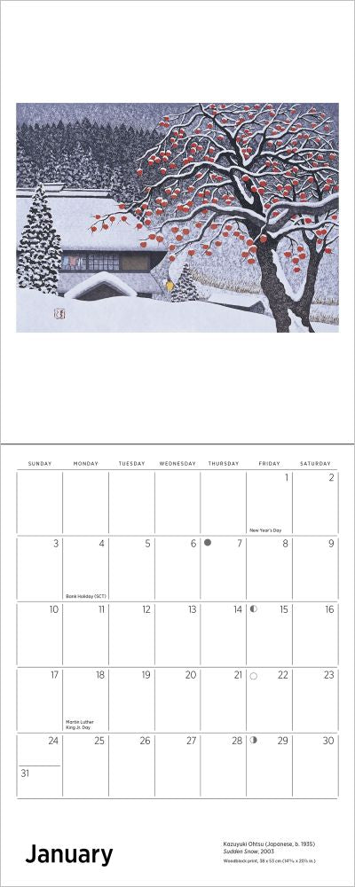 Calendar with a winter scene illustration of a tree and snow-covered landscape.