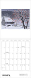 Calendar with a winter scene illustration of a tree and snow-covered landscape.